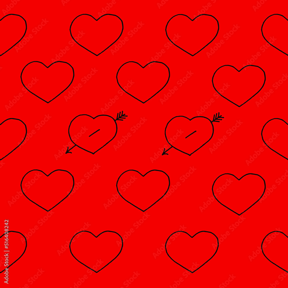 Hearts with an arrow drawn black marker on red paper. Valentine's day concept. Hearts background. Seamless pattern with heart.