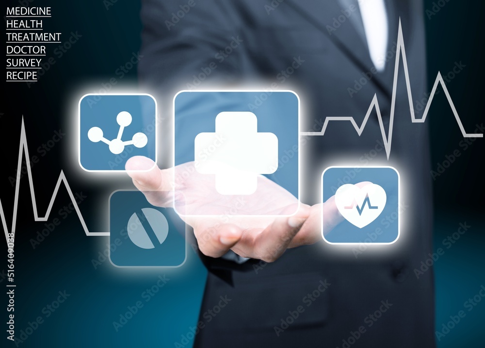 Businessman hand holding virtual medical health care icons. People health care awareness, life insurance business. Businessman hand holding virtual medical health care icons. People health care awareness, life insurance business.