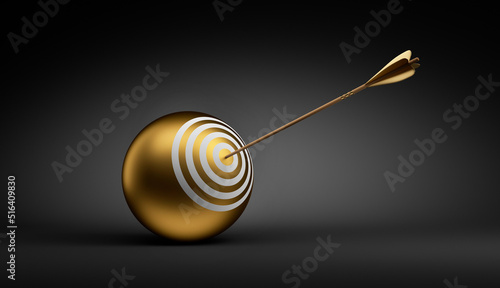 Arrow hitting the golden target ball on dark background - 3D illustration