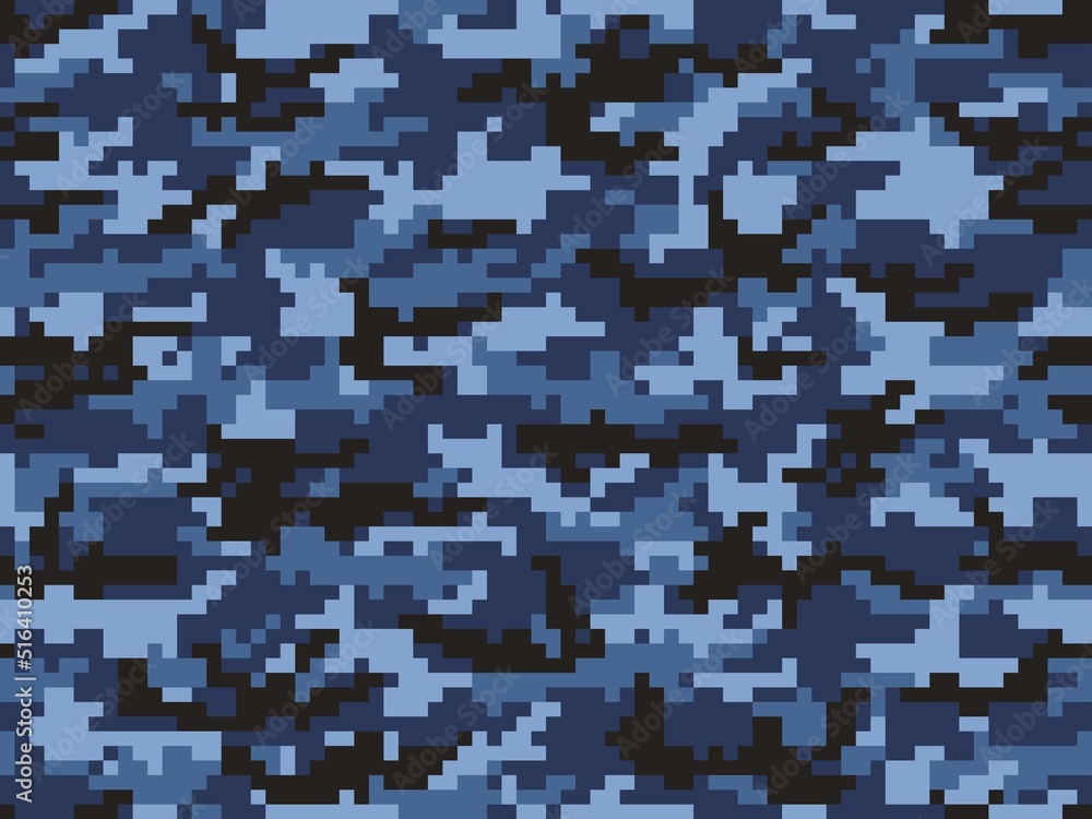 Vetor do Stock: Abstract blue camouflage pixel texture, military dark shape  pattern