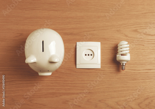 Piggy bank, power socket and fluorescent light bulb on wooden table, flat lay. Energy saving concept