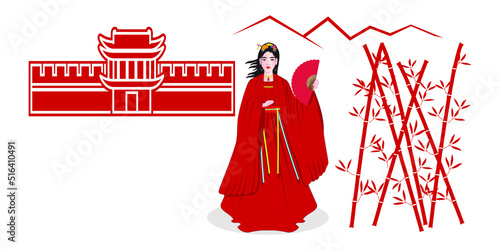 Cute beautiful woman dress in red color ancient Chinese traditional dress called Hanfu dress holding red folding fan background with Mountain View and Chinese style city gate