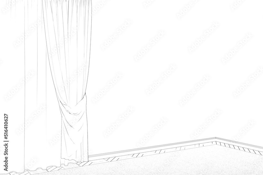 A sketch of the room with the blank white wall near the window with classic curtains, and carpet on the parquet floor. 3d render A sketch of the room with the blank white wall near the window with classic curtains, and carpet on the parquet floor. 3d render