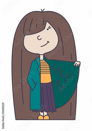 illustration of a little girl with long brown hair