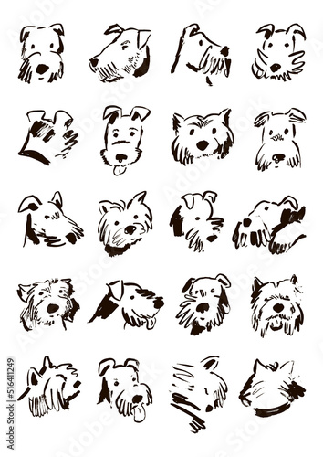 Funny dog faces illustrations vector set, poster for kids.