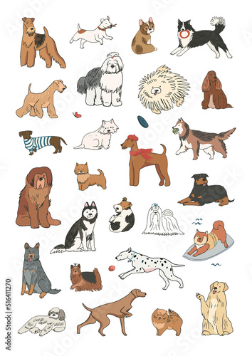 Funny dog illustrations vector set, poster for kids.