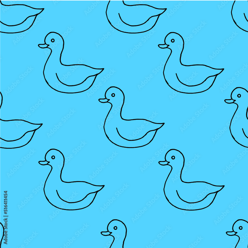 Fototapeta premium Beautiful background of toy ducks drawn with black marker on blue paper. Seamless ducks pattern. Print for bed linen.