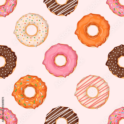 Seamless pattern with donuts of different flavors and toppings. Vector illustration for fabrics, textures, wallpapers, posters, cards. Editable elements.