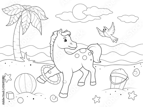 Pony plays on the beach with a hula hoop. The nature of the sea coast. Children coloring book  raster.