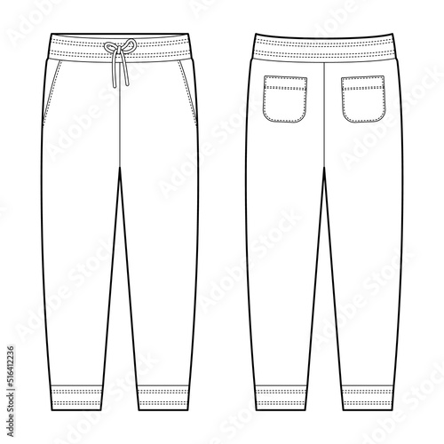 Technical sketch of casual pants with pockets. KIds trousers design template. CAD male sport pants.