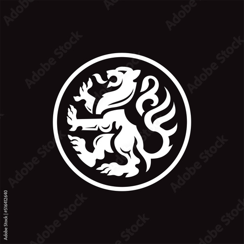 simple and modern heraldic standing lion with circle background