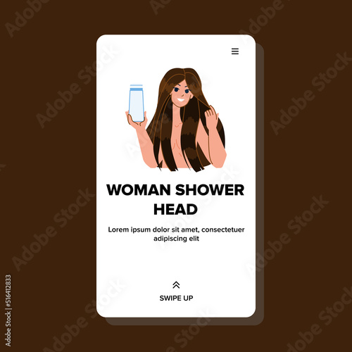 woman shower head vector. water bathroom, body wash, hair shampoo, female care woman shower head web flat cartoon illustration