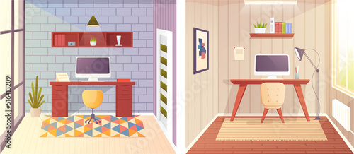 Home office interior, room for working with pc. Warkplace at home, freelance concept vector illustration. Modern draftsman studio, designer architect workplace