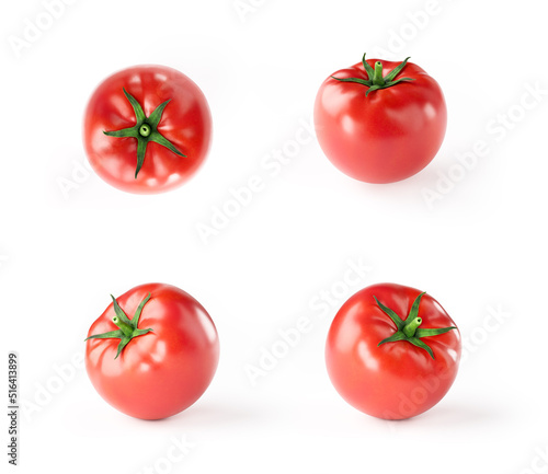 Set of four red ripe tomato isolated on white shoot at different angle views