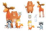 Forest animals group cute colorful separate clipart, illustration collection for children. Bear moose raccoon bunny fox and owl, funny adorable animals set. Isolated vector clipart.