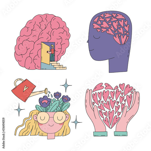 Mental health, diseases, brain development, treatment concept, hand water, female head and brain pop-up shape, flat hand drawn vector set ofillustrations