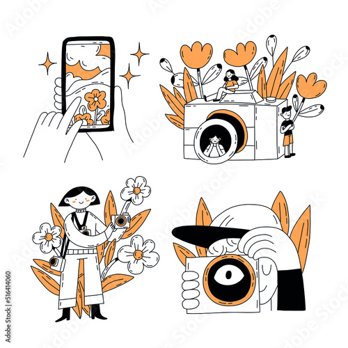 Photography club or course set. Students lerning to take photos. Artistic hobby and photography school course. Isolated hand drawn flat vector illustration