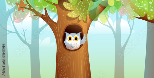 Forest or jungle tree with owl sitting in hollow and greeting, wallpaper illustration for children. Illustrated woods scene, with big thick trunk in the middle. Vector horizontal background for kids.