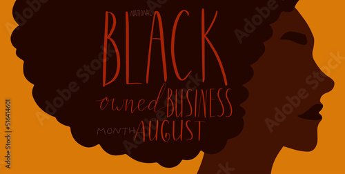 Black owned business month August lettering. African american portrait illustration. Visibility promotion banner template