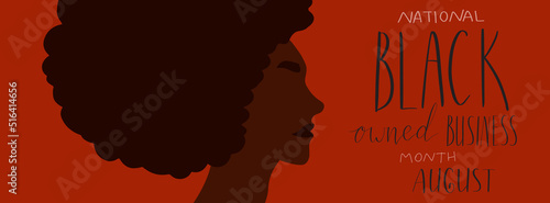 Black owned business month August lettering. African american portrait illustration. Visibility promotion banner template