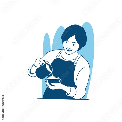 vector illustration barista woman adds milk to cup coffee working in Coffee shop