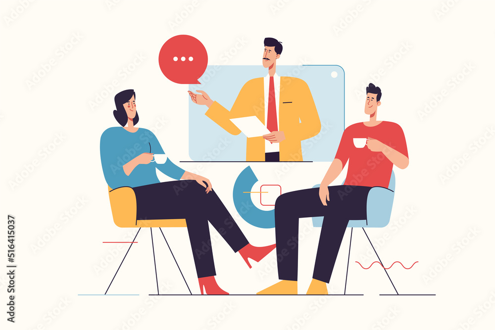 Vector illustration depicting a group of people having an ounline business meeting and drink coffee