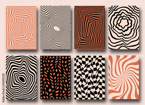 Vector set of Groovy hippie 70s backgrounds. Checkerboard, chessboard, mesh, waves patterns. Twisted and distorted vector texture in trendy retro psychedelic style. Y2k aesthetic.