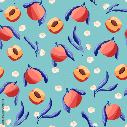 Seamless pattern with hand drawn peaches and floral elements. Fruit and floral design in bright colors. Colorful vector illustration.
