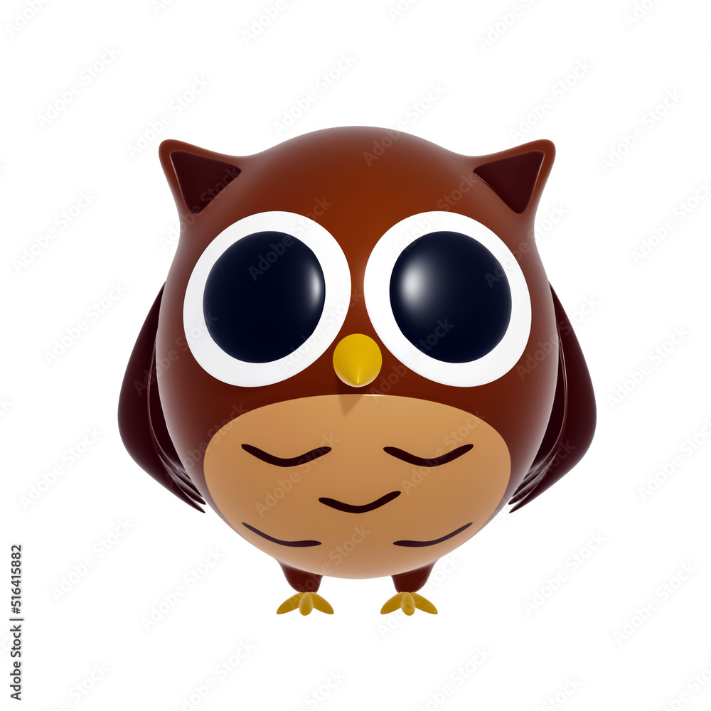 Fototapeta premium Cartoon plastic brown cute owl with big eyes isolated on a white background, 3d illustration