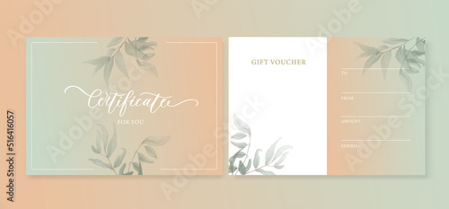 Elegant gift certificate with watercolor greenery leaves. The template can be used for spa, cosmetic, beauty, restaurant.