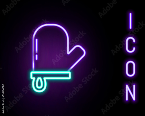 Glowing neon line Oven glove icon isolated on black background. Kitchen potholder sign. Cooking glove. Colorful outline concept. Vector