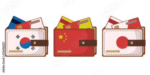 Set of wallets with the flag of asian country (japan, china, south korea) in flay style. Isolated on a white background. Vector image