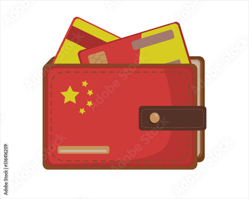 Leather Wallet Isolated with Chinese flag and credit card on White in flat style. Vector image
