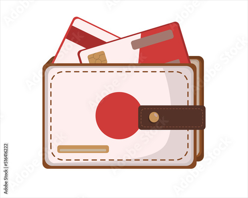 Leather Wallet Isolated with Japanese flag and credit card on White in flat style. Vector image