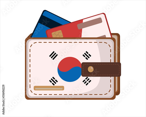 Leather Wallet Isolated with Korean flag and credit card on White in flat style. Vector image