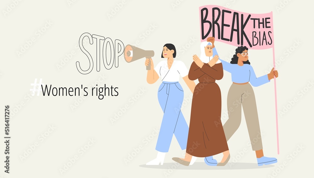 Flat vector illustration with group of women of different nationalities stand up for women's rights. Concept of gender equal. International women's day or women's history month. Flat vector illustration with group of women of different nationalities stand up for women's rights. Concept of gender equal. International women's day or women's history month.