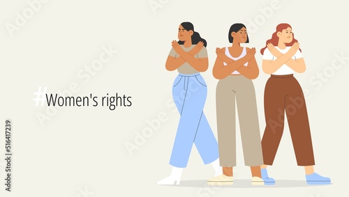  Human Rights - Women's rights. Flat vector illustration with group of women crossed their arms. Concept of international women's day.