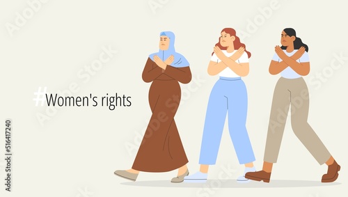  Human Rights - Women's rights. Flat vector illustration with group of women crossed their arms. Concept of international women's day.