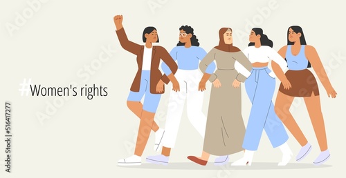  Flat vector illustration with group of women of different nationalities stand up for women's rights. Concept of gender equal. International women's day or women's history month.