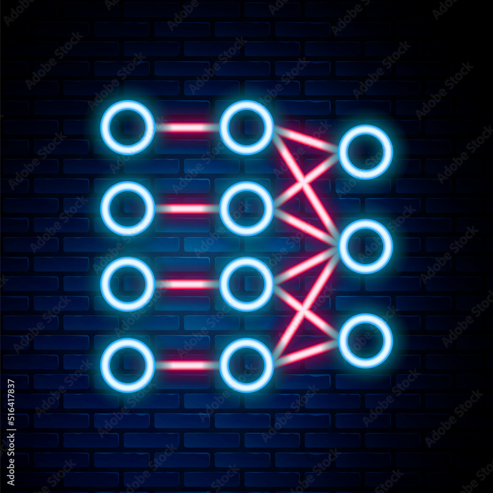Glowing neon line Neural network icon isolated on brick wall background. Artificial intelligence AI. Colorful outline concept. Vector Glowing neon line Neural network icon isolated on brick wall background. Artificial intelligence AI. Colorful outline concept. Vector