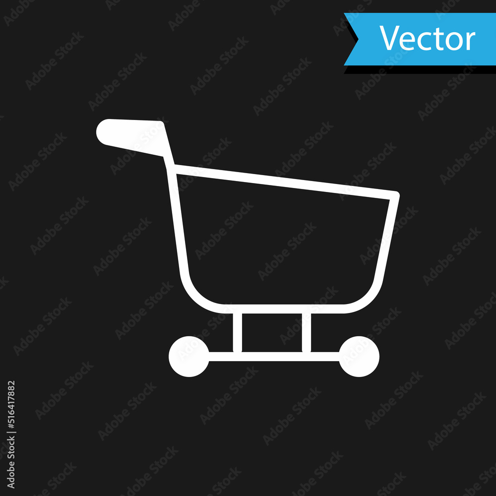 White Shopping cart icon isolated on black background. Food store, supermarket. Vector Illustration White Shopping cart icon isolated on black background. Food store, supermarket. Vector Illustration