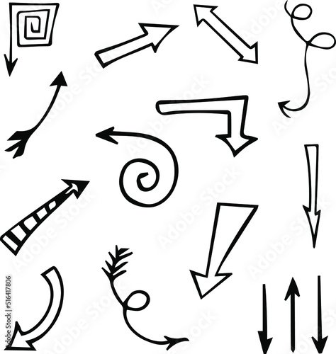 Hand-drawn pointers. Arrow Doodle. Vector. Set of pointers. Ink. Line art. Character set. Road. Signs drawn with black lines. Items to create.