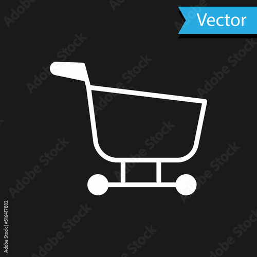 White Shopping cart icon isolated on black background. Food store, supermarket. Vector Illustration