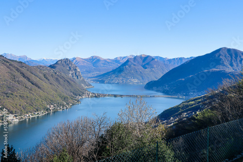 The View to the Lake Lugano and the surrounding Mountains from Serpiano  Ticino  Switzerland