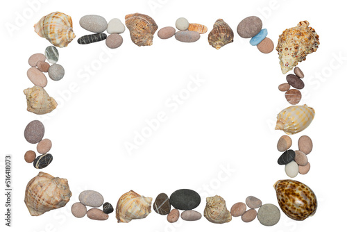 A frame made of seashells and stones, isolated on a white background.