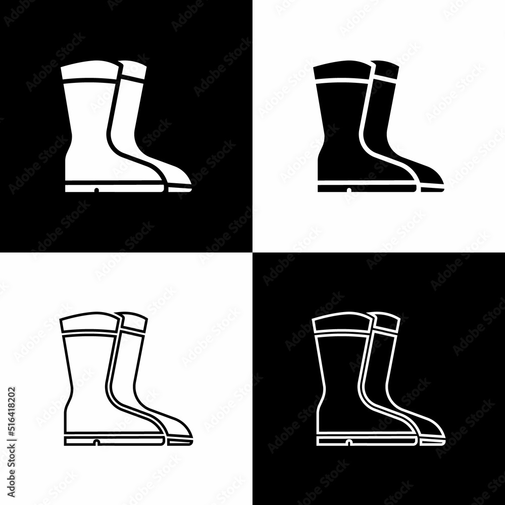 Set Fishing boots icon isolated on black and white background. Waterproof rubber boot. Gumboots for rainy weather, fishing, hunter, gardening. Vector Set Fishing boots icon isolated on black and white background. Waterproof rubber boot. Gumboots for rainy weather, fishing, hunter, gardening. Vector