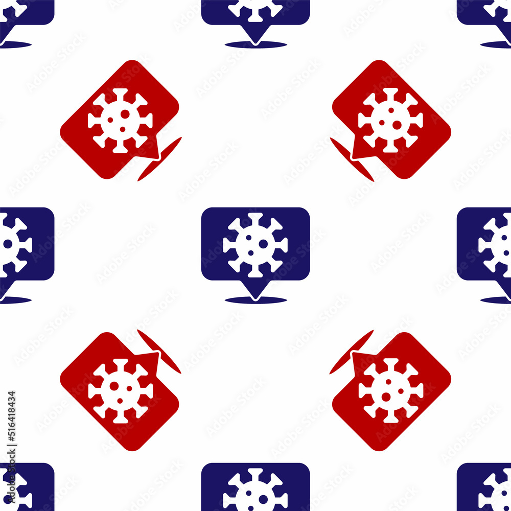 Blue and red Corona virus 2019-nCoV on location icon isolated seamless pattern on white background. Bacteria and germs, cell cancer, microbe, fungi. Vector. Blue and red Corona virus 2019-nCoV on location icon isolated seamless pattern on white background. Bacteria and germs, cell cancer, microbe, fungi. Vector.