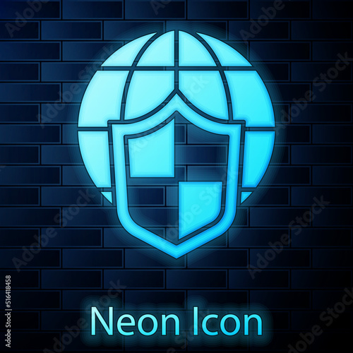 Glowing neon Shield with world globe icon isolated on brick wall background. Insurance concept. Security, safety, protection, privacy concept. Vector.