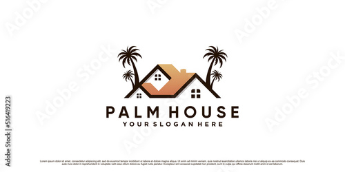 Palm tree and house logo design inspiration with creative modern concept Premium Vector