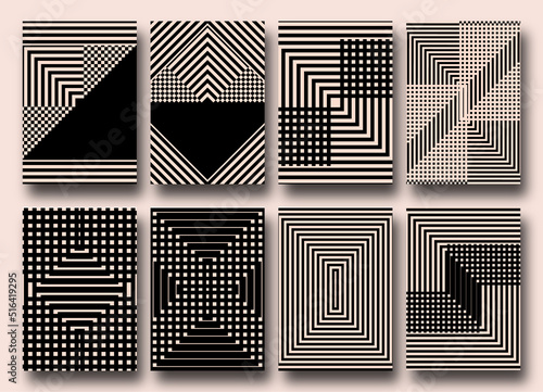Vector set of Groovy hippie 70s backgrounds. Checkerboard, chessboard, futuristic geometric forms vector texture in trendy retro psychedelic style. Y2k aesthetic.